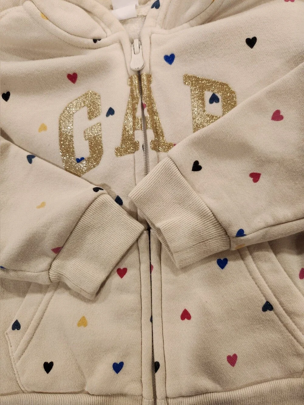 GAP Cream Hoodie with Multicolor Heart Print, Size 3T